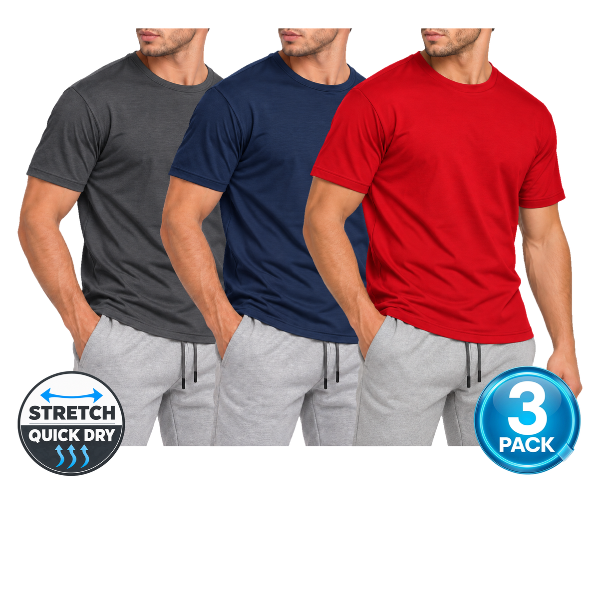 Men's 3-Pack Active Performance Crew Neck T-Shirt in Charcoal / Navy / Red