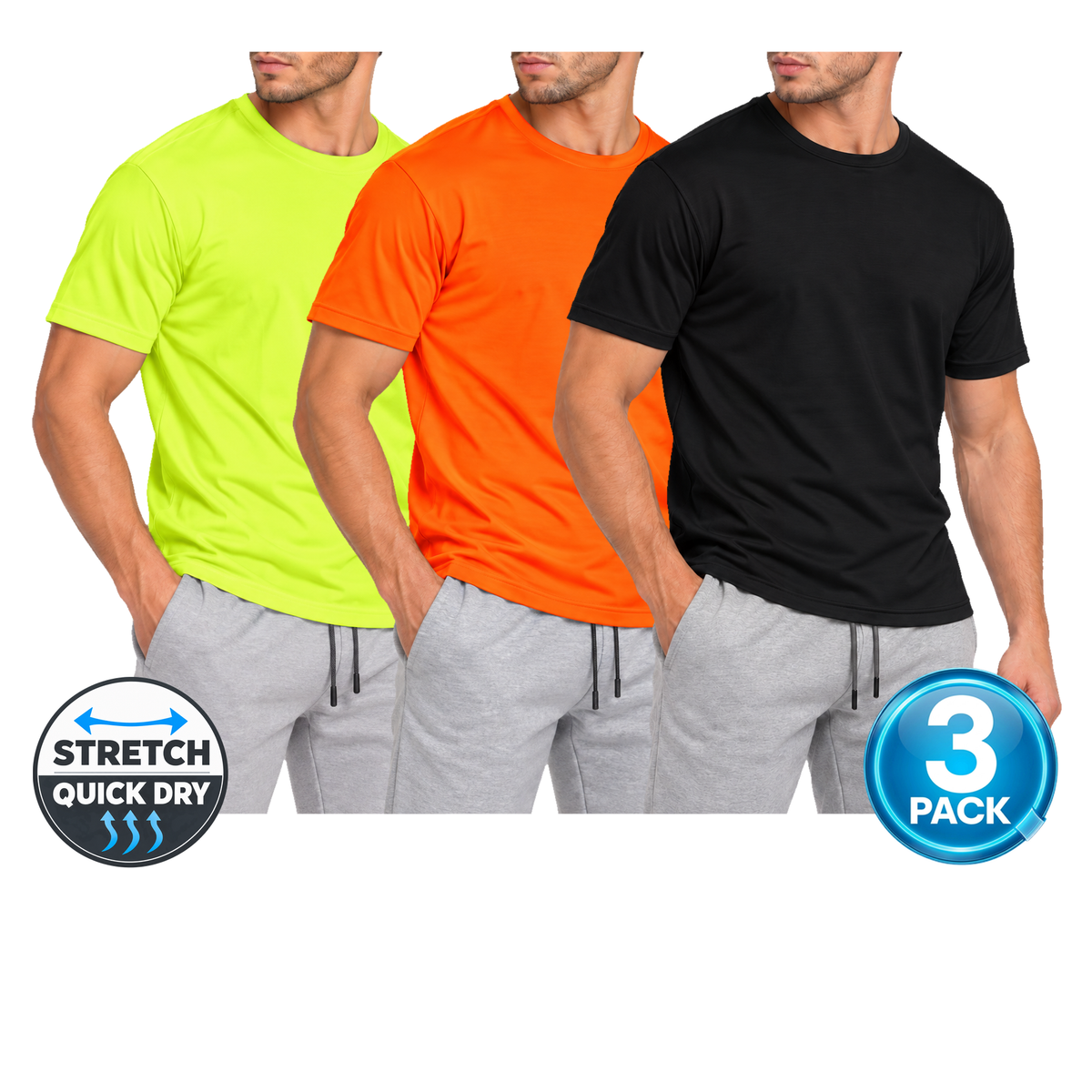 Men's 3-Pack Active Performance Crew Neck T-Shirt in Neon Green / Neon Orange / Black