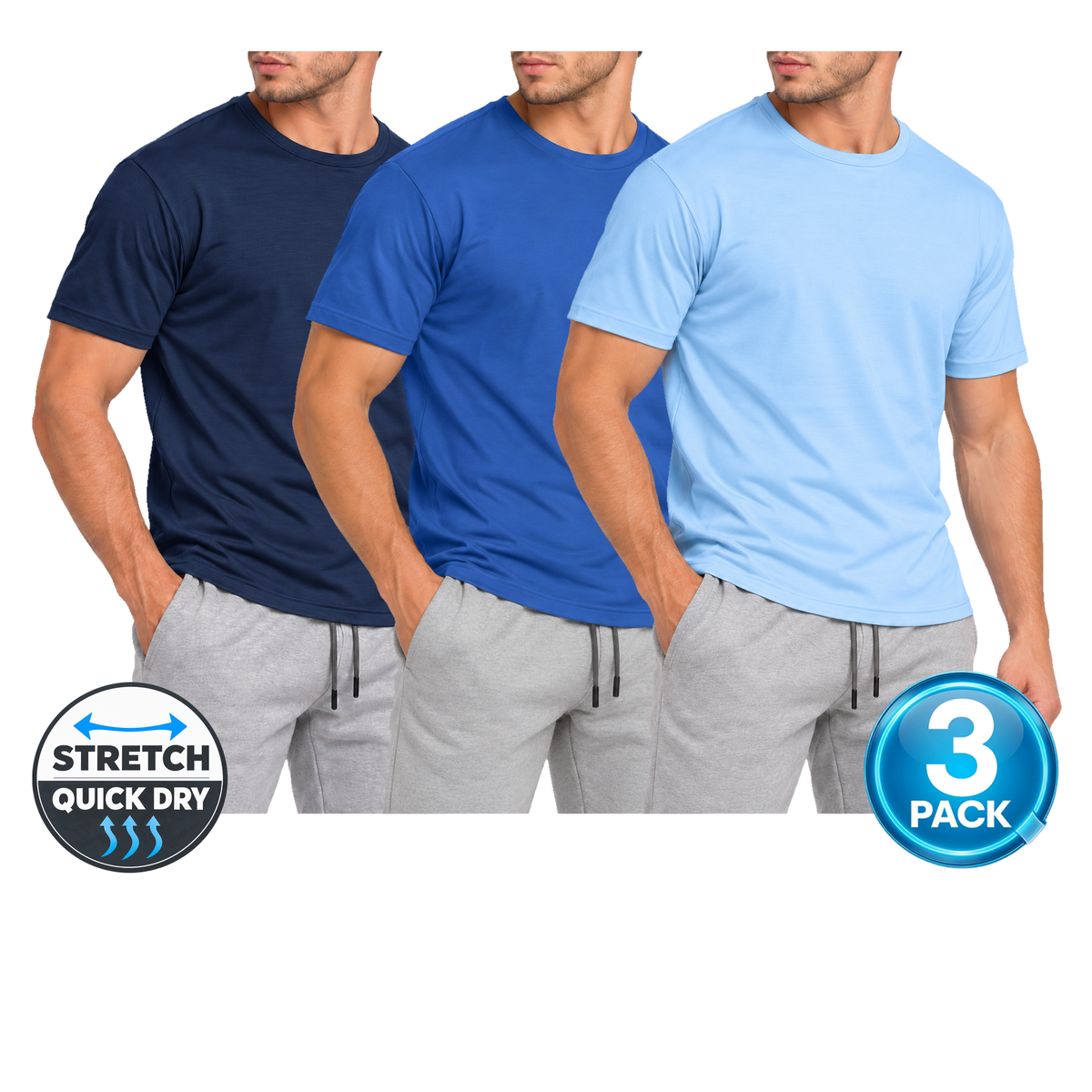 Men's 3-Pack Active Performance Crew Neck T-Shirt in Navy / Royal Blue / Light Blue
