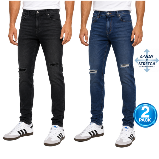 Men's 2-Pack Stretch Slim Fit Ripped Jeans in Dark Blue & Black Wash