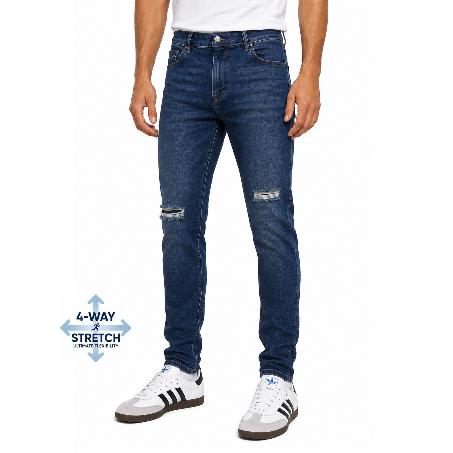 Men's Stretch Slim Fit Ripped Jeans in Dark Blue Wash