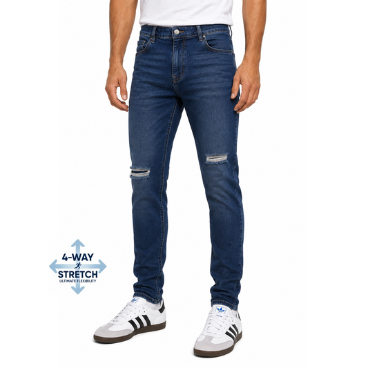 Men's Stretch Slim Fit Ripped Jeans in Dark Blue Wash