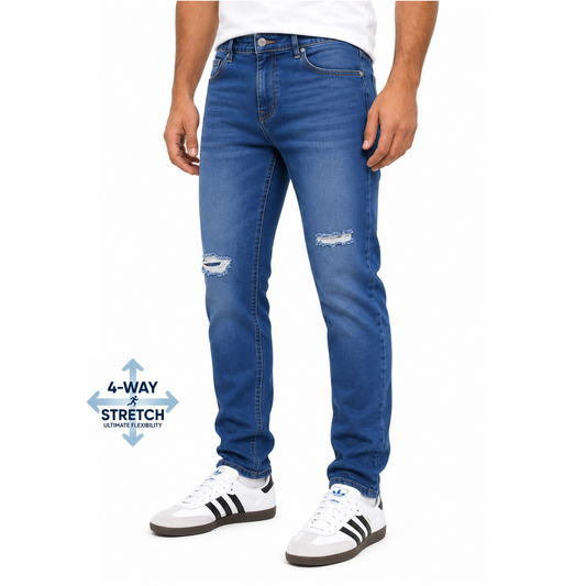 Men's Stretch Slim Fit Ripped Jeans in Medium Blue Wash