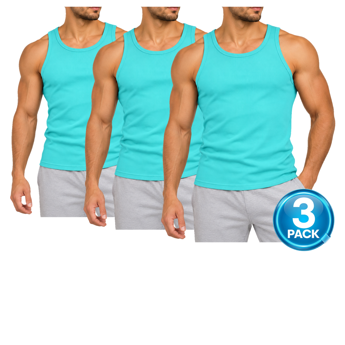 Men's 3-Pack Heavyweight Ribbed Tank Top in Aqua