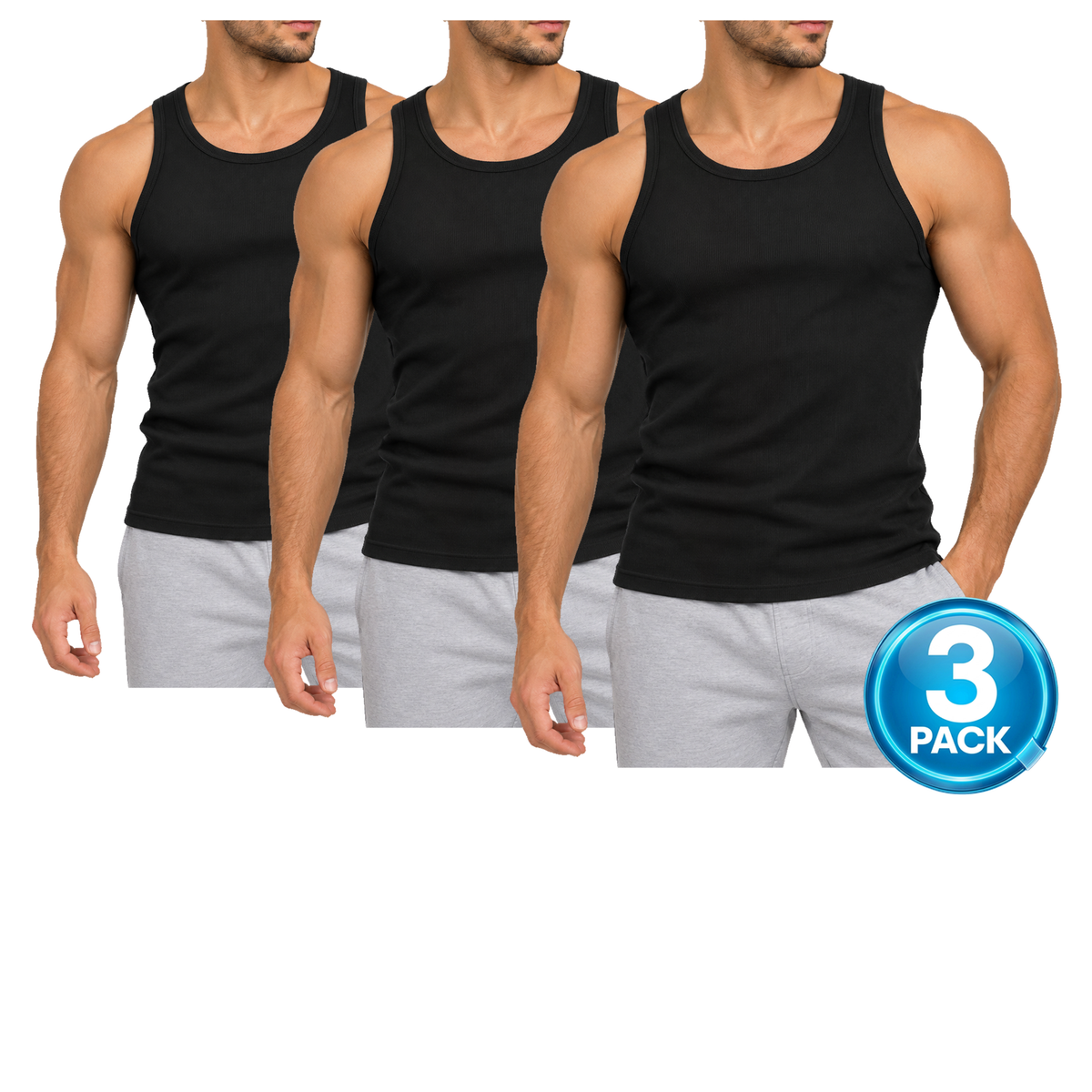 Men's 3-Pack Heavyweight Ribbed Tank Top in Black