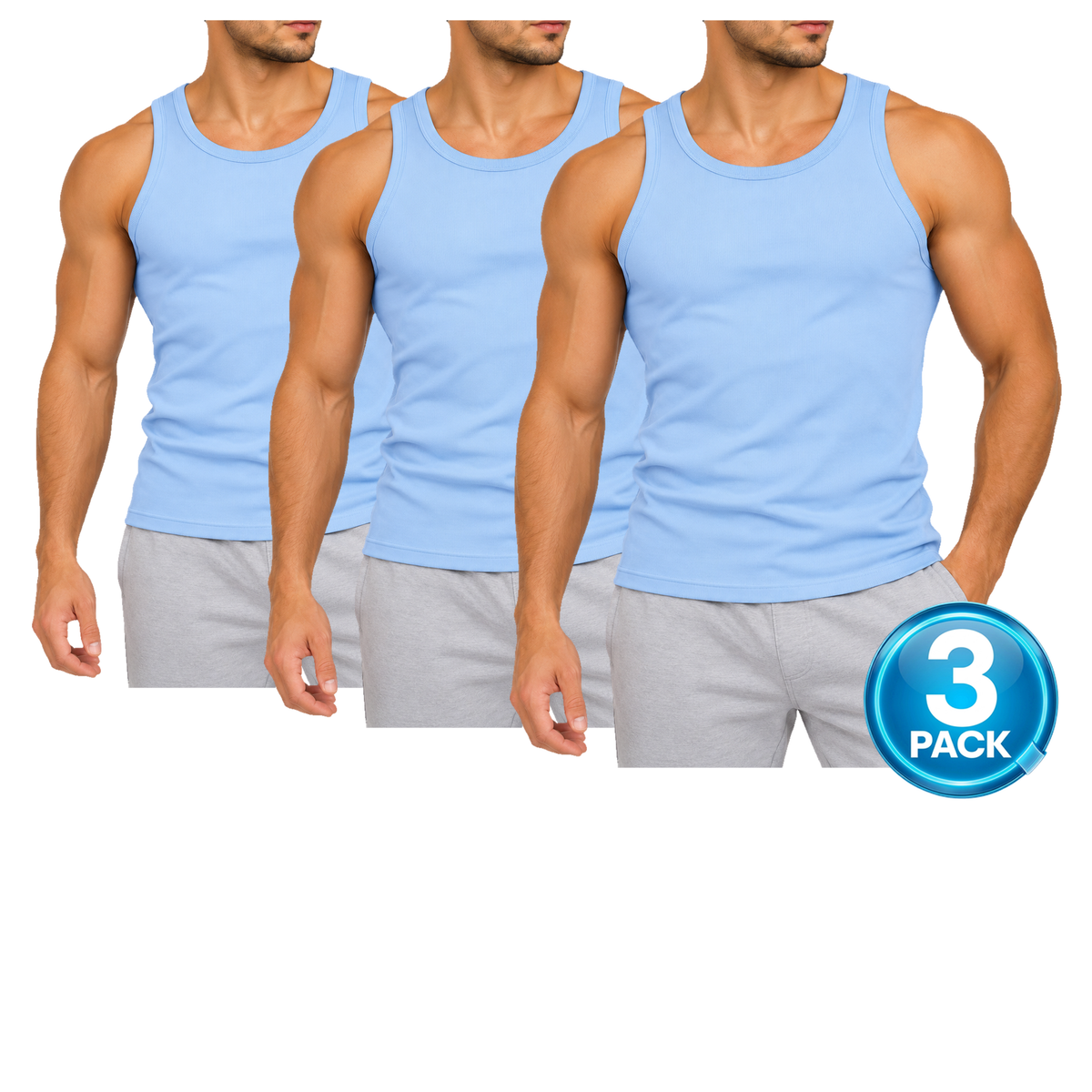 Men's 3-Pack Heavyweight Ribbed Tank Top in Light Blue