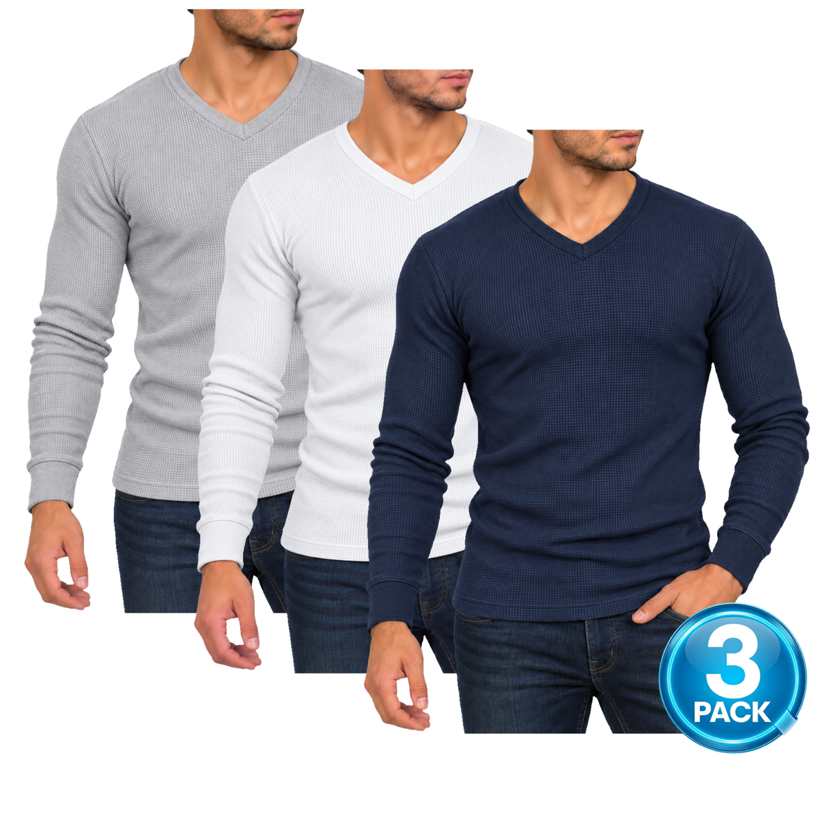 Men's 3-Pack Waffle-Knit Long Sleeve V-Neck Shirt in Heather Grey, White & Navy
