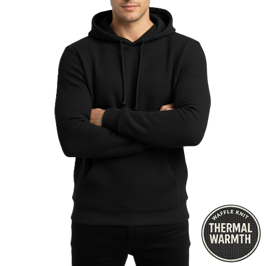 Men's Waffle-Knit Thermal Pullover Hoodie in Black