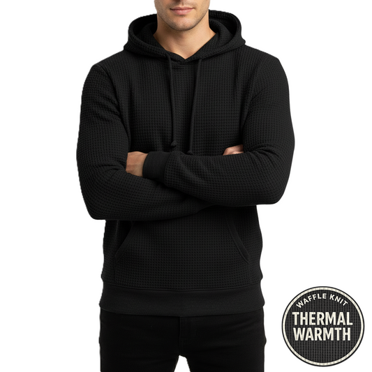 Men's Waffle-Knit Thermal Pullover Hoodie in Black