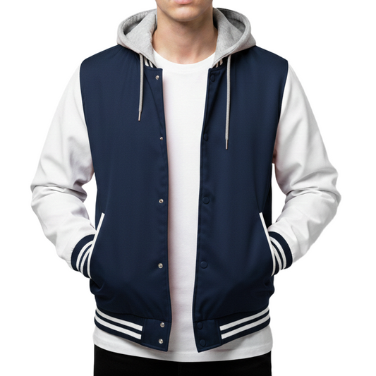 Navy and white varsity jacket with gray hood on a white background