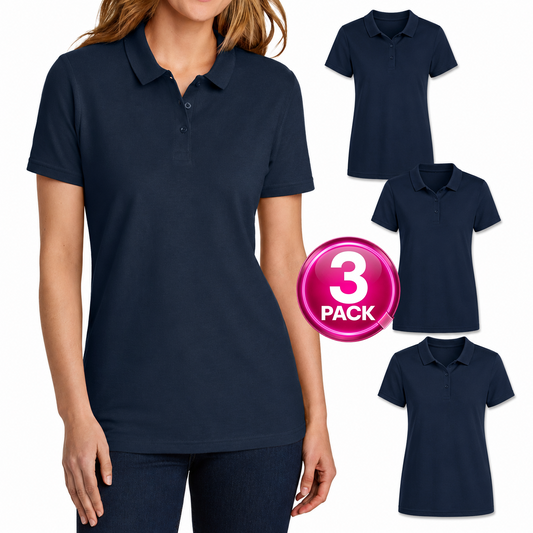 Young Women's 3-Pack Short Sleeve Jersey Knit Polo Shirt in Navy