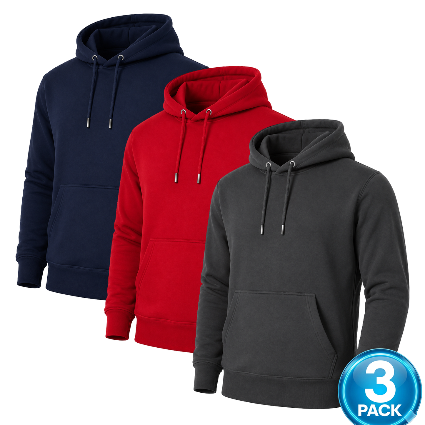 Men's 3-Pack Soft Fleece Pullover Hoodie in Navy / Red / Charcoal