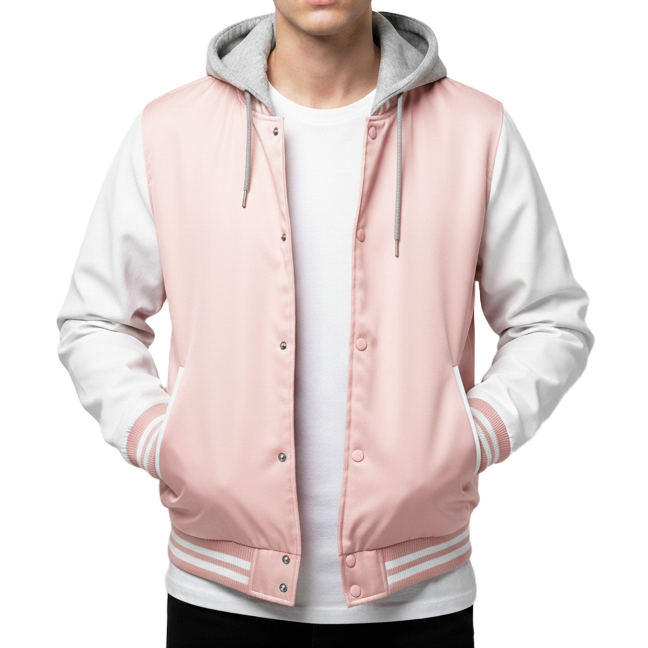 man wearing a pink and white varsity jacket on a white background