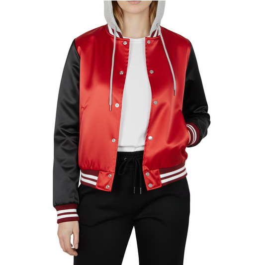 Red and black varsity jacket with white accents on a white background
