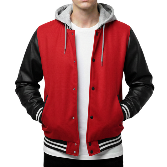 Red and black varsity jacket with a white shirt underneath on a white background