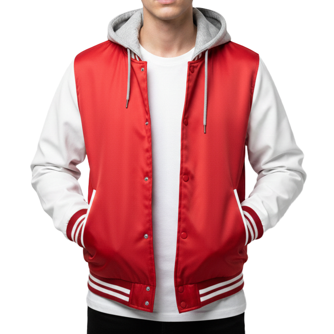 Red and white varsity jacket with gray hood on a white background