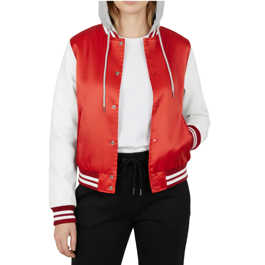 Red and white varsity jacket worn by a woman on a white background