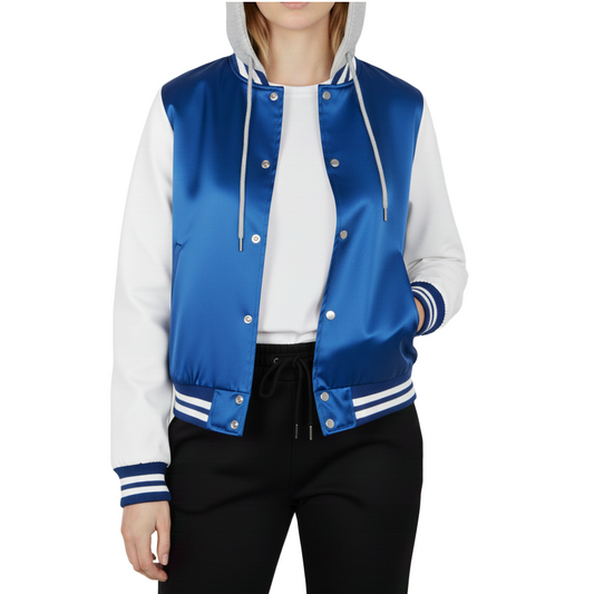 Royal Blue and white varsity jacket worn by a person on a white background