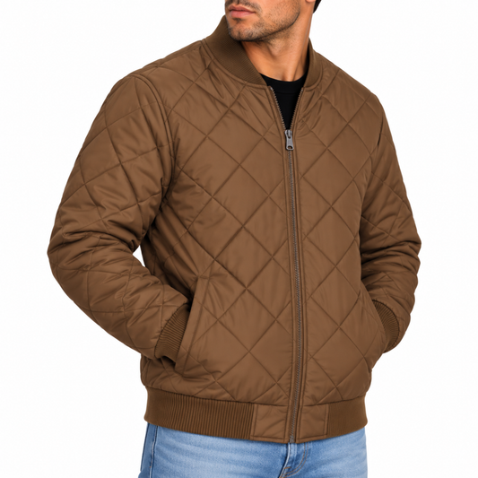 Men's Padded Quilted Bomber Jacket in Brown