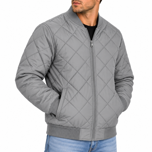 Men's Padded Quilted Bomber Jacket in Grey