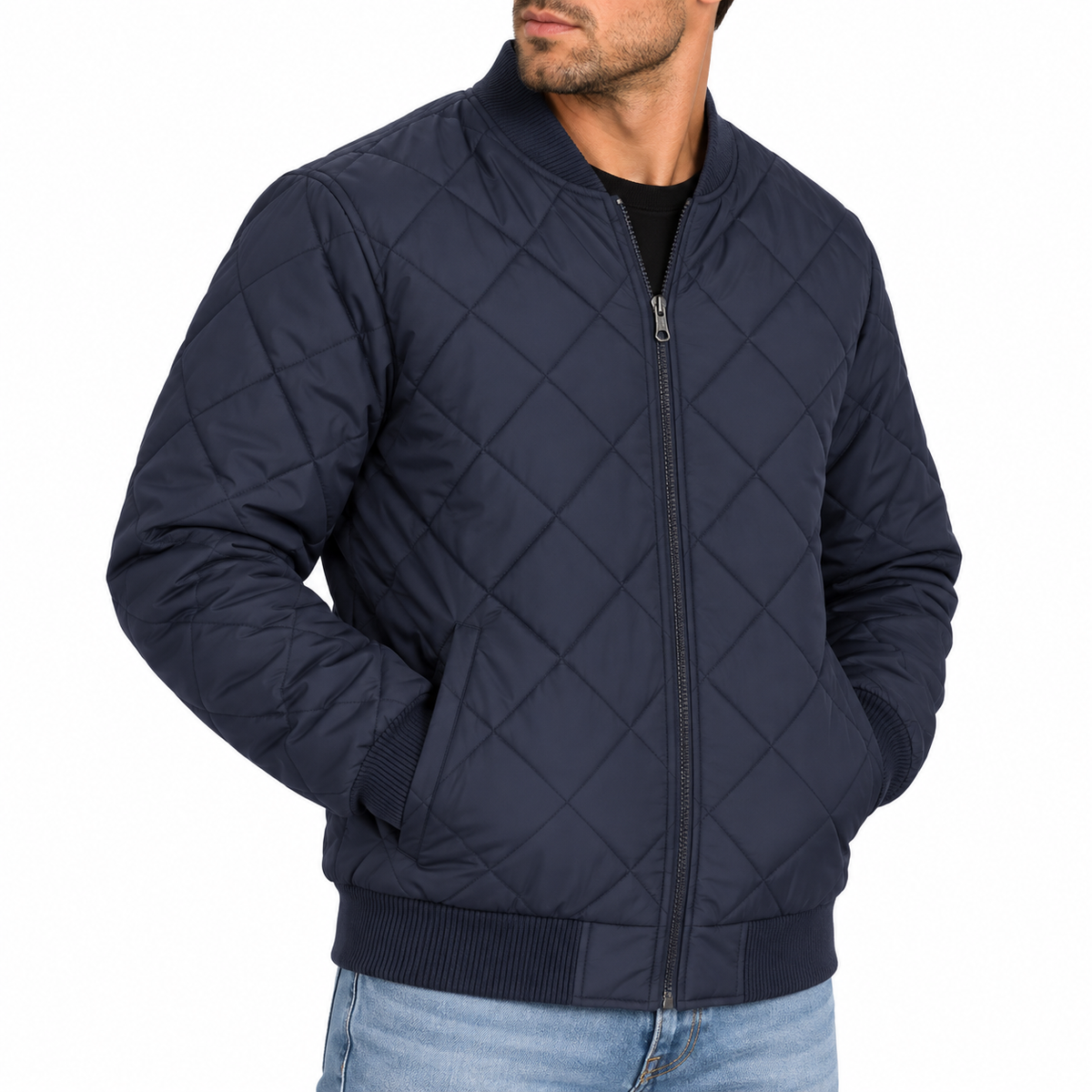 Men's Padded Quilted Bomber Jacket in Navy