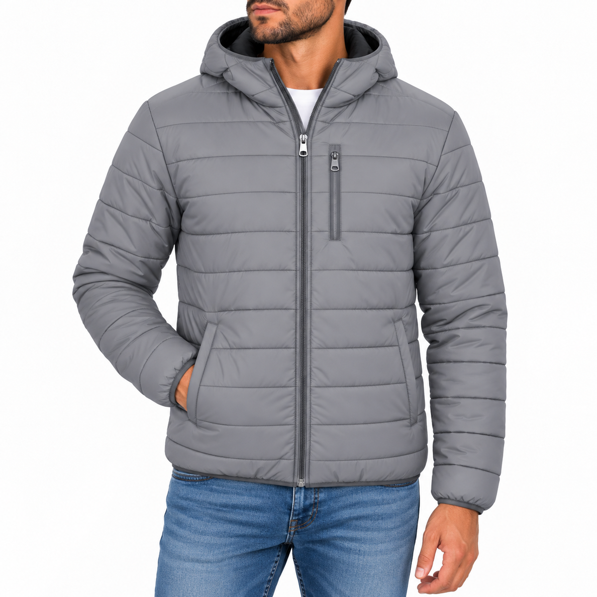 Men's Classic Sherpa Fleece Lined Hooded Puffer Jacket in Grey