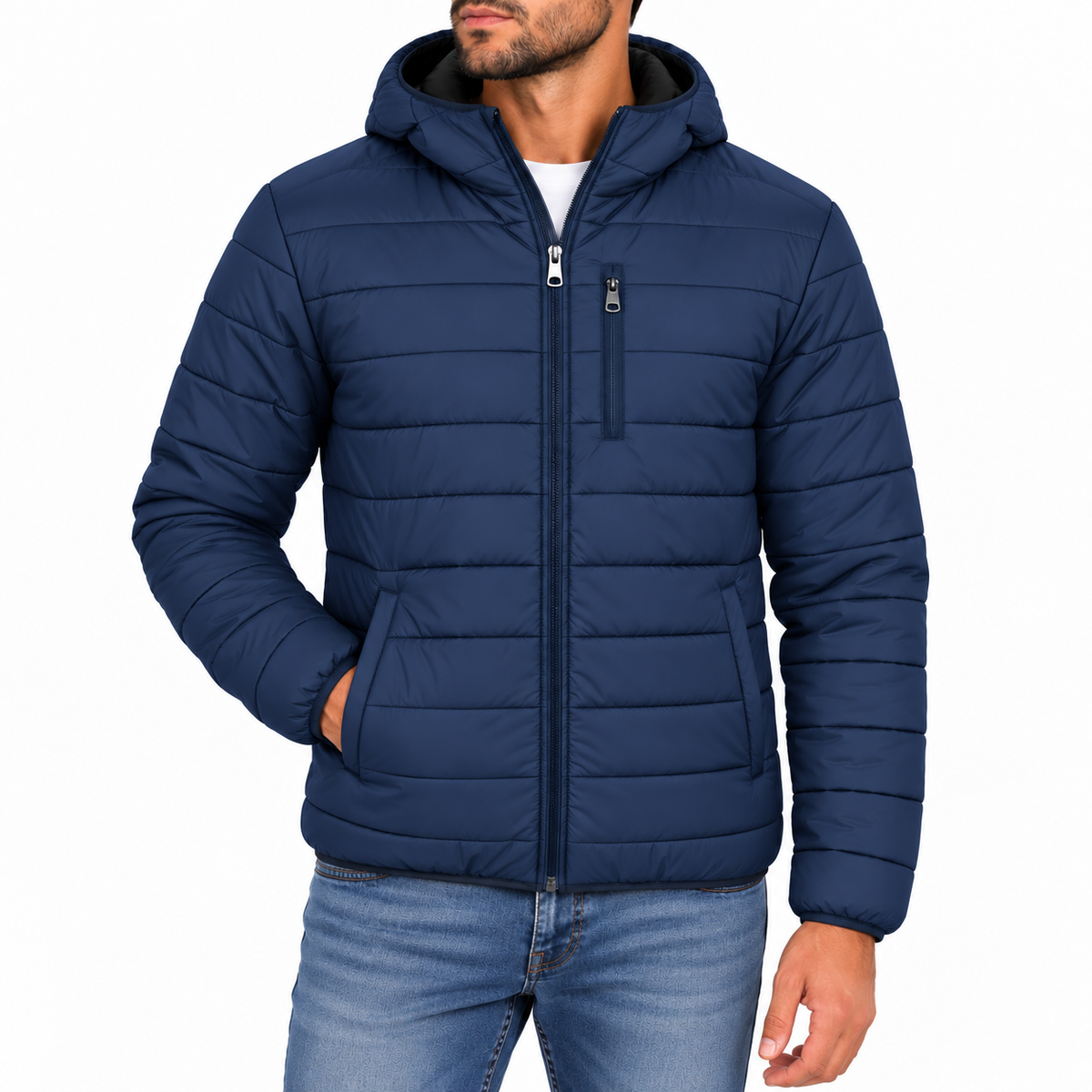 Men's Classic Sherpa Fleece Lined Hooded Puffer Jacket in Navy