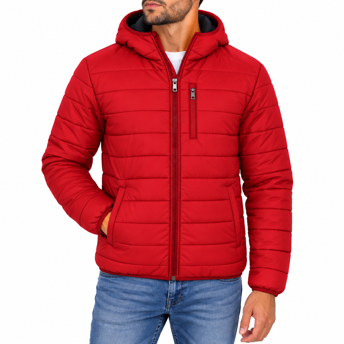 Men's Classic Sherpa Fleece Lined Hooded Puffer Jacket in Red