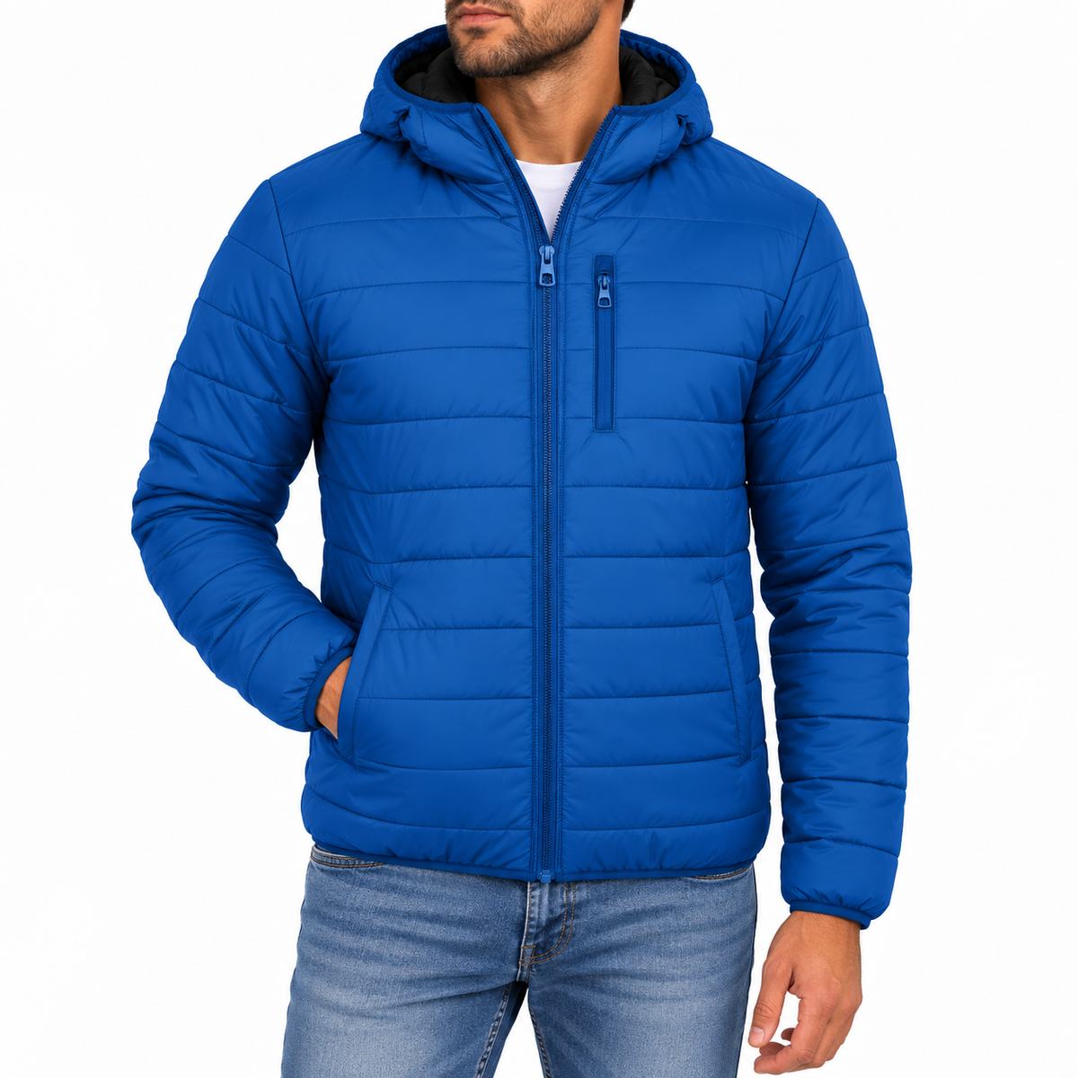 Men's Classic Sherpa Fleece Lined Hooded Puffer Jacket in Royal Blue