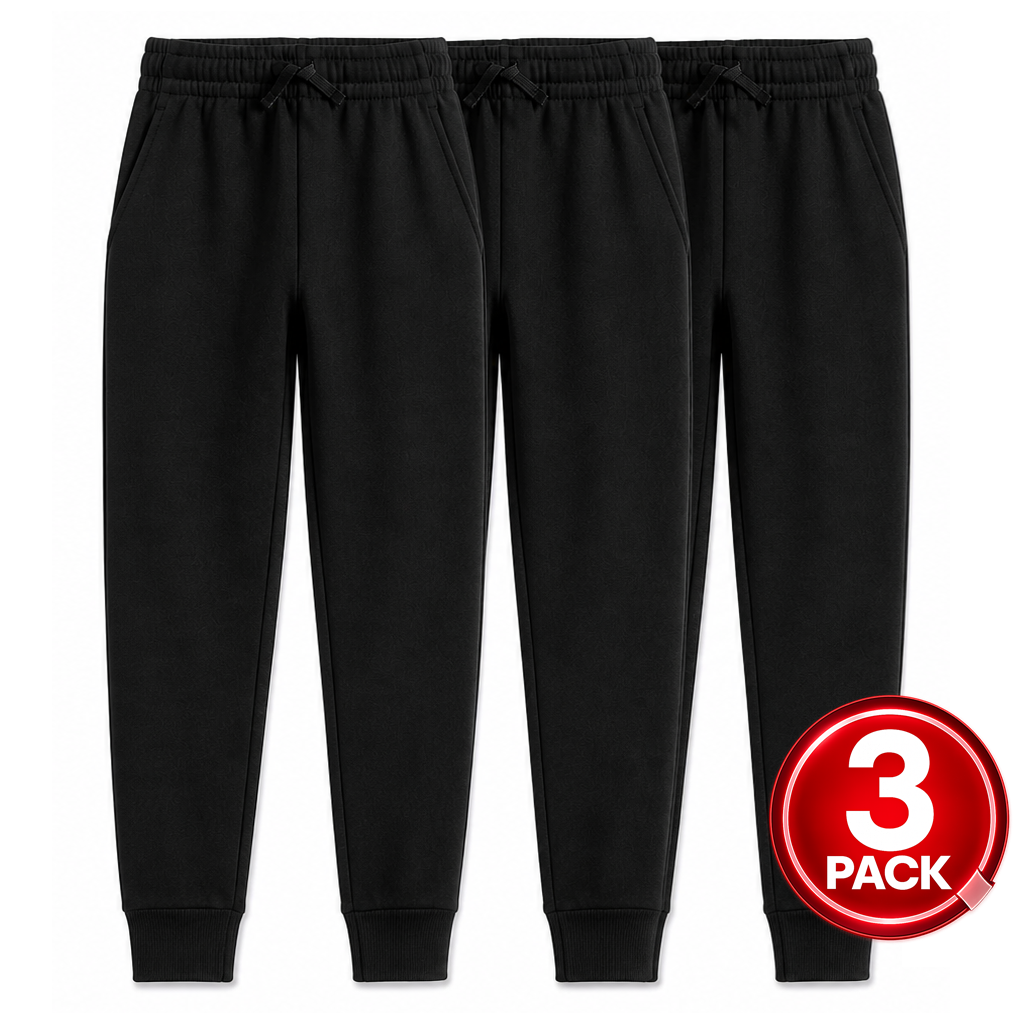 Youth Size 3-Pack Unisex Fleece Jogger Sweatpants in Black