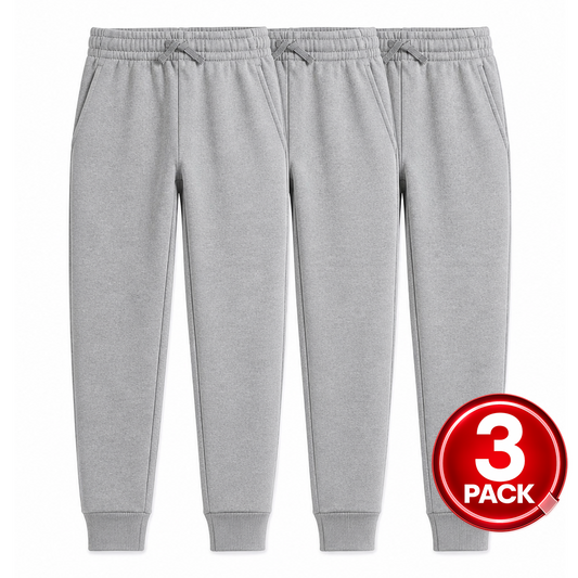 Youth Size 3-Pack Unisex Fleece Jogger Sweatpants in Heather Grey