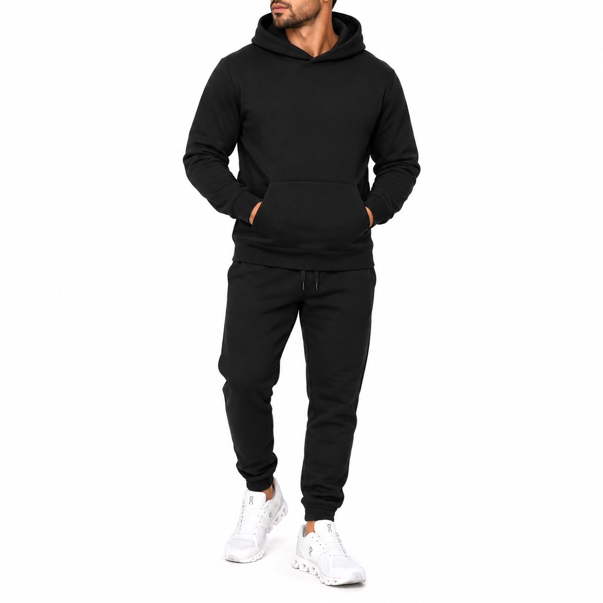 Men's Heavyweight Soft Fleece Cotton Blend Pullover Hoodie & Sweatpants Set in Black