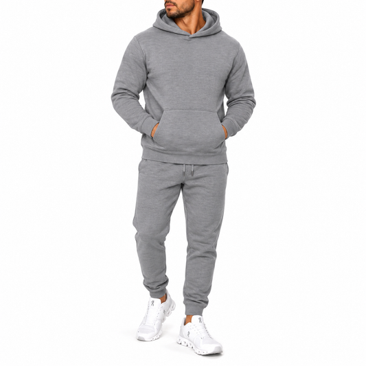 Men's Heavyweight Soft Fleece Cotton Blend Pullover Hoodie & Sweatpants Set in Heather Grey