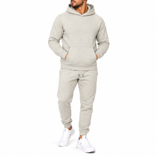 Men's Heavyweight Soft Fleece Cotton Blend Pullover Hoodie & Sweatpants Set in Light Oatmeal