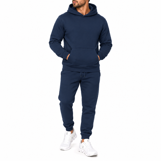 Men's Heavyweight Soft Fleece Cotton Blend Pullover Hoodie & Sweatpants Set in Navy