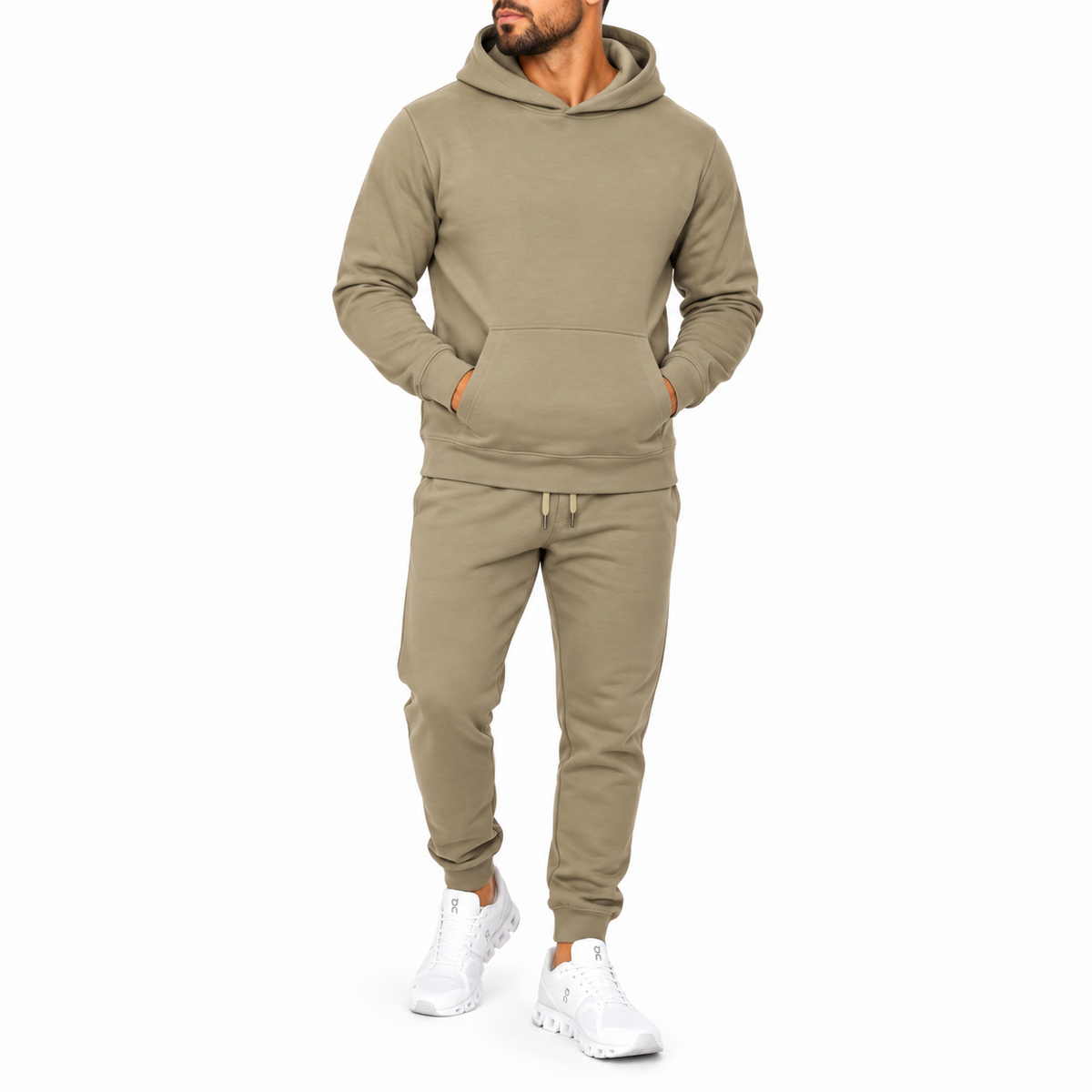 Men's Heavyweight Soft Fleece Cotton Blend Pullover Hoodie & Sweatpants Set in Olive Sand