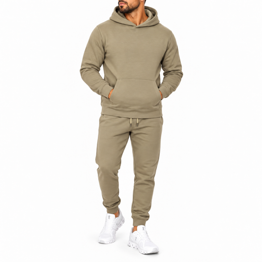 Men's Heavyweight Soft Fleece Cotton Blend Pullover Hoodie & Sweatpants Set in Olive Sand