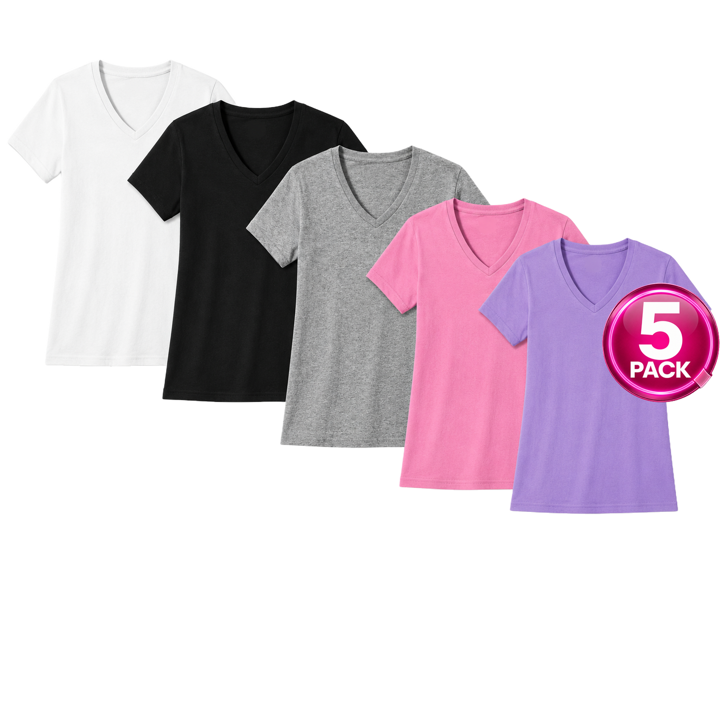 Women's 5-Pack V-Neck Tees in Lavender / Pink / Grey / Black / White