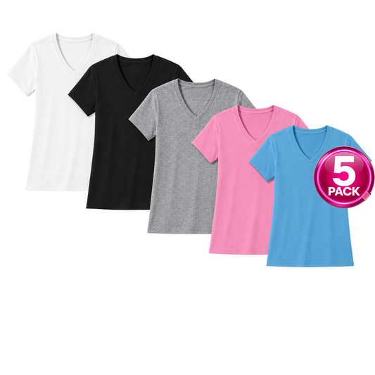 Women's 5-Pack V-Neck Tees in Aqua / Pink / Grey / Black / White