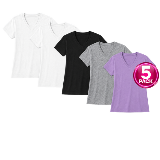 Women's 5-Pack V-Neck Tees in Lavender / Grey / Black / White
