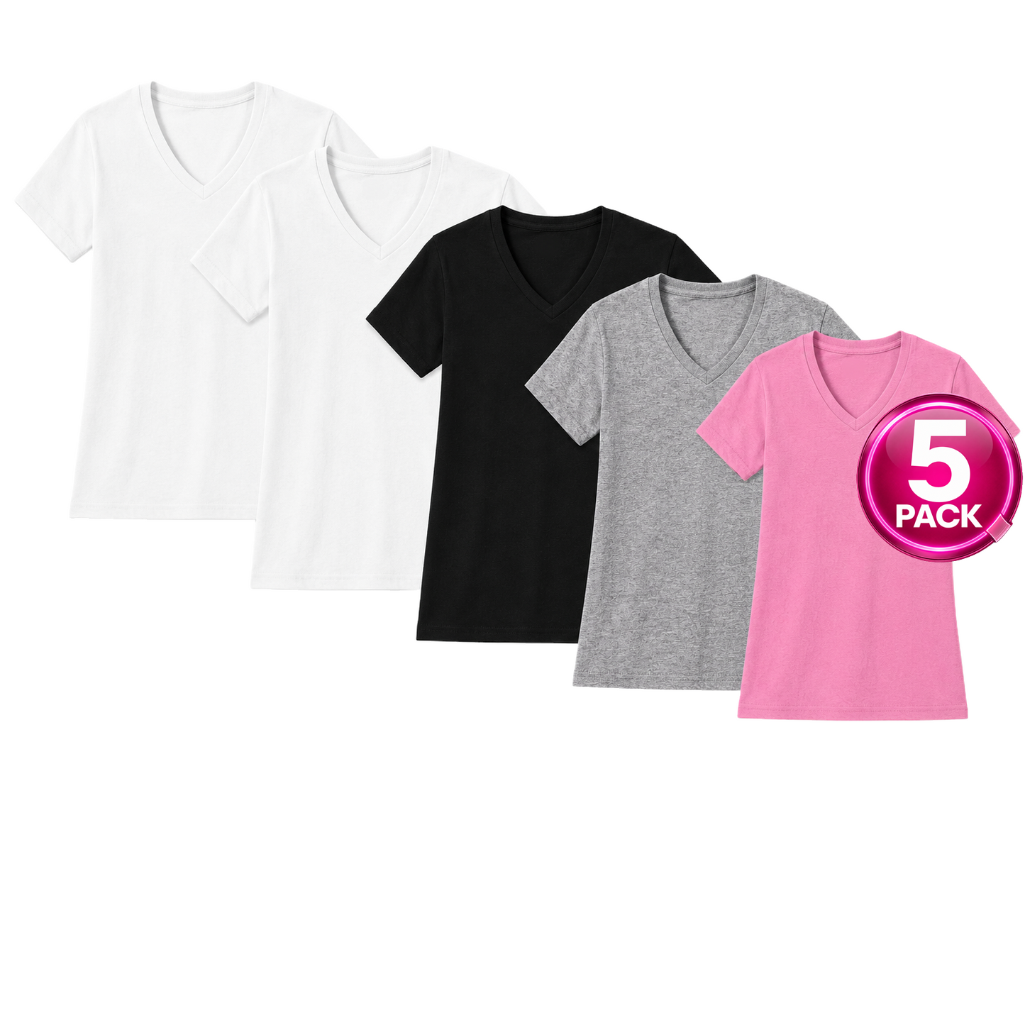 Women's 5-Pack V-Neck Tees in Pink / Heather Grey / Black / 2 White