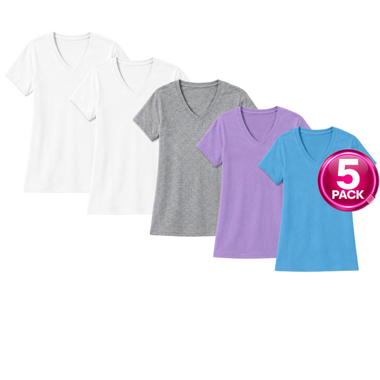 Women's 5-Pack V-Neck Tees in Aqua / Lavender / Grey / White
