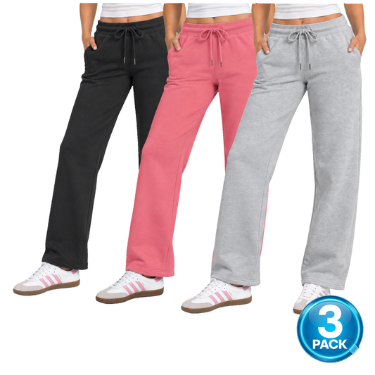 Women's 3 Pack Heavyweight Wide Leg Loose-Fit Fleece Sweatpants in Black, Pink & Heather Grey