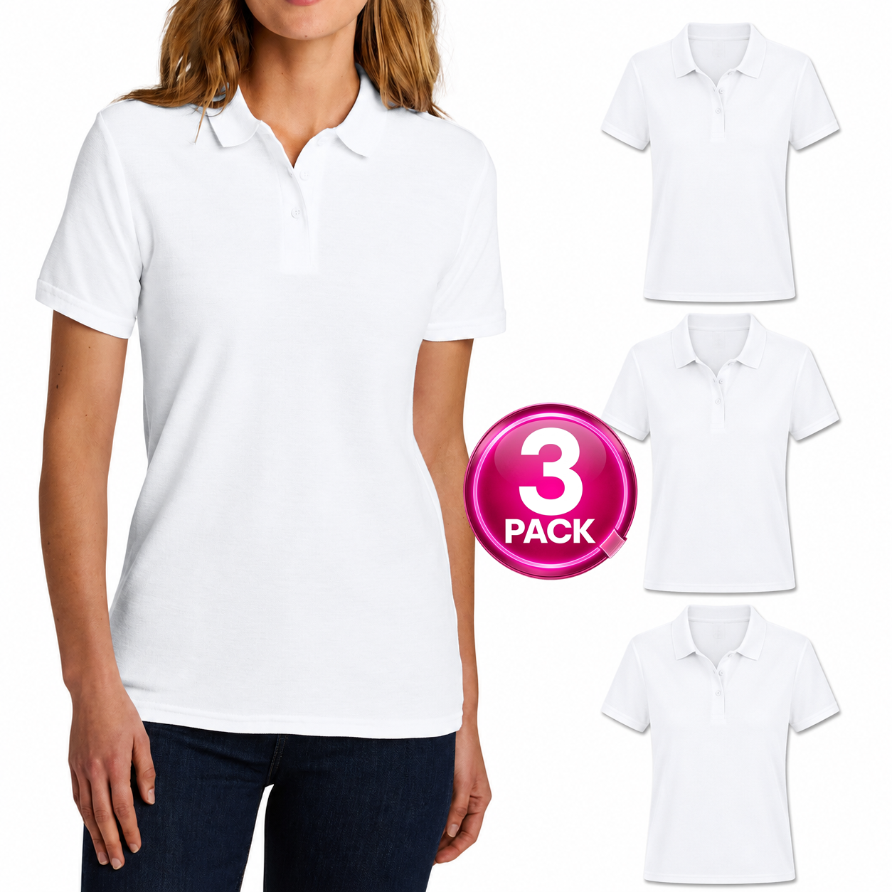 Young Women's 3-Pack Short Sleeve Jersey Knit Polo Shirt in White