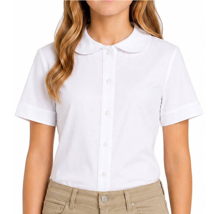 Girls Short Sleeve Button Down Peter Pan Blouse in White