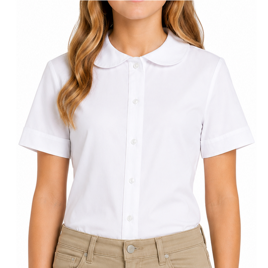 Girls Short Sleeve Button Down Peter Pan Blouse in White