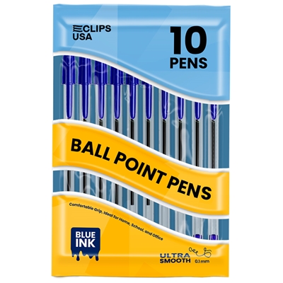 Wholesale 10 Pack of Ballpoint Stick Pens in Blue - 72 Per Case