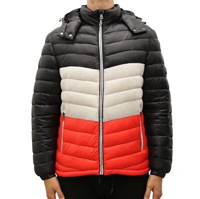 Wholesale Men's Heavyweight Quilted Puffer Jacket in Black, Silver & Red