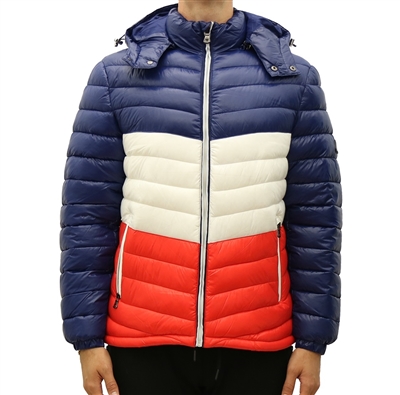 Wholesale Men's Heavyweight Quilted Puffer Jacket in Navy, White & Red