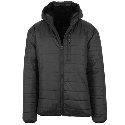 Wholesale Men's Sherpa Lined Bubble Jacket With Hood in Black